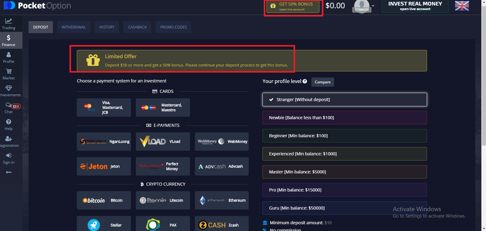 Pocket Option First Deposit Promotion - 50% Bonus